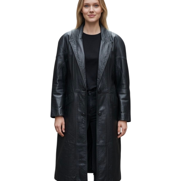 Vtg 80s Michelle Stuart black leather sleek witchy matrix maxi trenchcoat. Sz S - Picture 1 of 12
